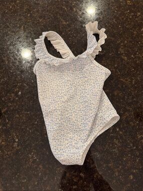 H&M Light Blue and White Floral Ruffle-Strap One-Piece Swimsuit